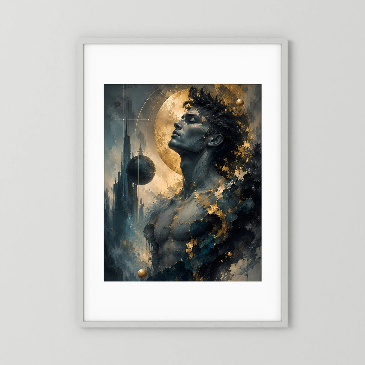 Kosmischer Mann in Gold und Anthrazit | Mystische abstrakte Weltraumkunst | Poster Hochformat