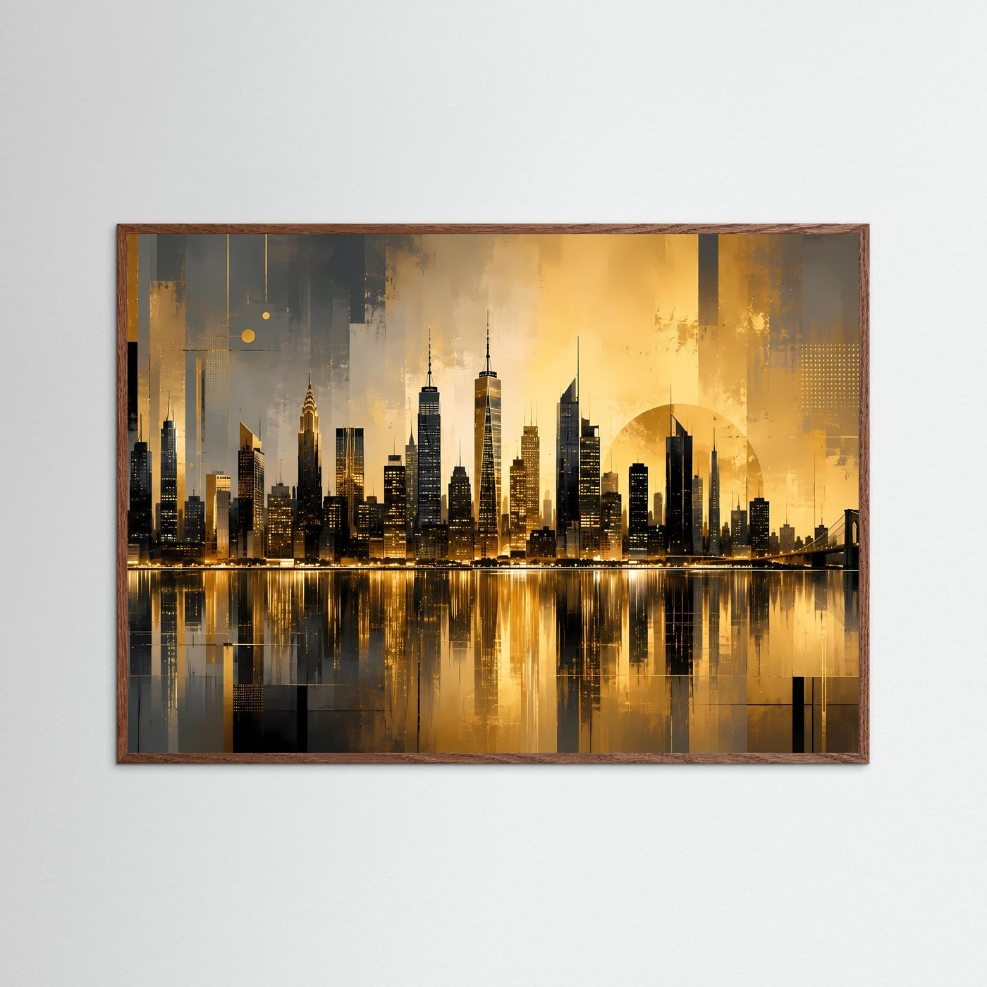 Goldene Skyline am Wasser | Moderne abstrakte City Kunst
