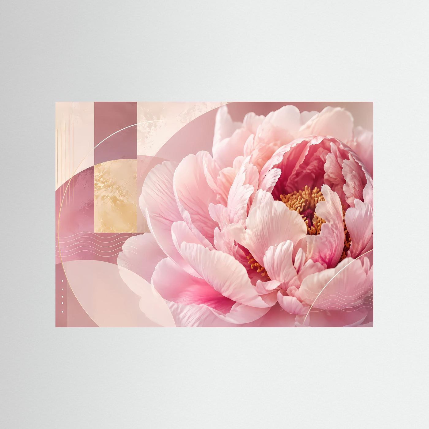 Querformatiges Poster mit rosa Pfingstrosen und abstraktem Pastellmuster