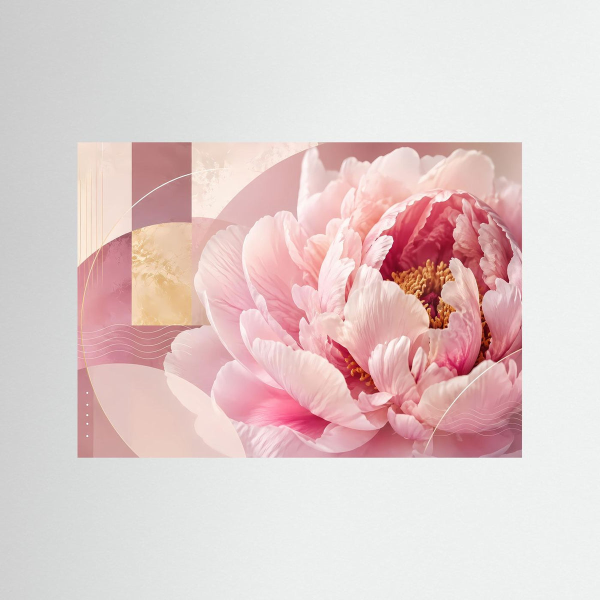 Querformatiges Poster mit rosa Pfingstrosen und abstraktem Pastellmuster