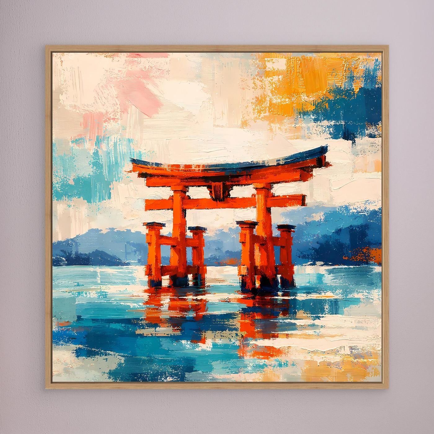 Leinwandbild Japanisches Torii-Tor im Meer | Abstraktes Kultur Wandbild auf echtem Holzkeilrahmen