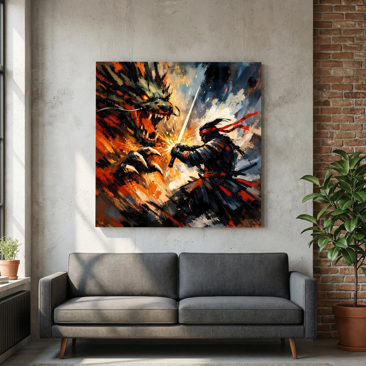 Leinwandbild: Samurai mit Schwert trifft Drachen, kräftige Pinseltextur in Orange und Dunkelblau