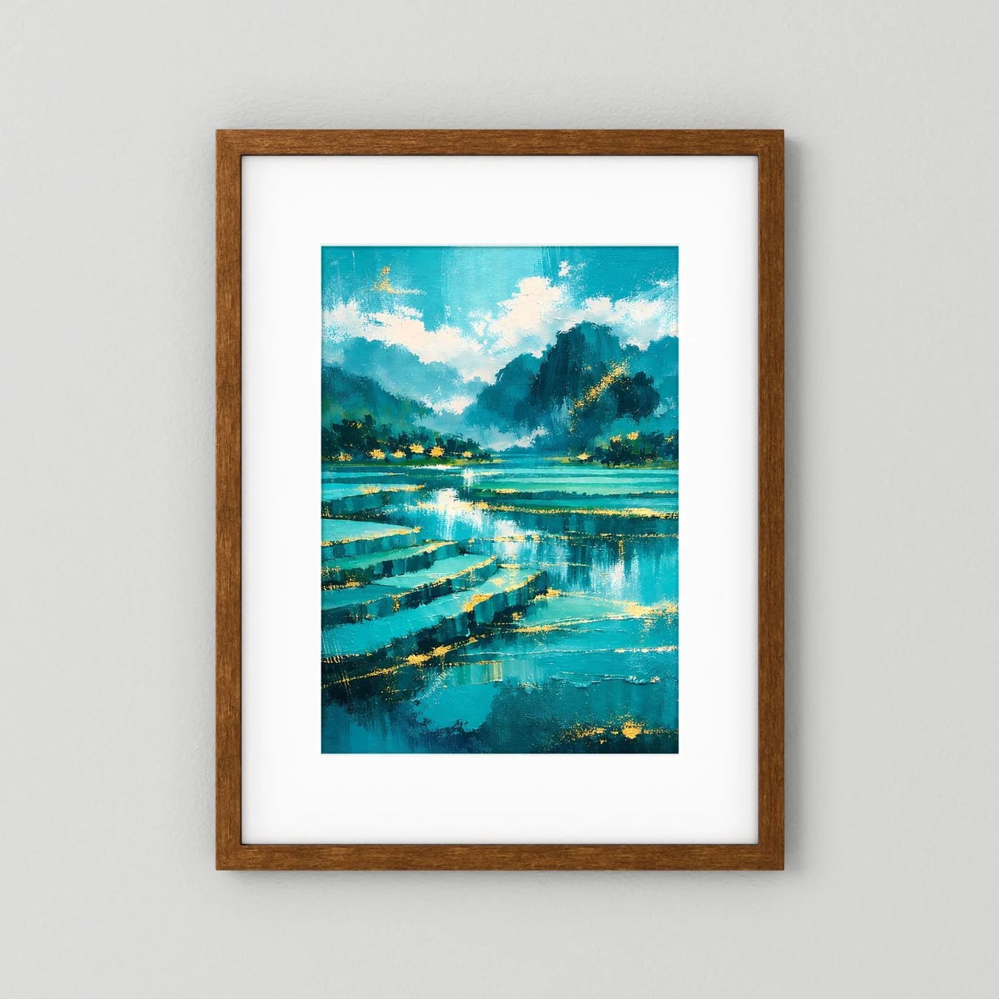 Hochformatiges Poster mit dunkelbraunem Holzrahmen und weißem Rand: türkisfarbener Fluss.