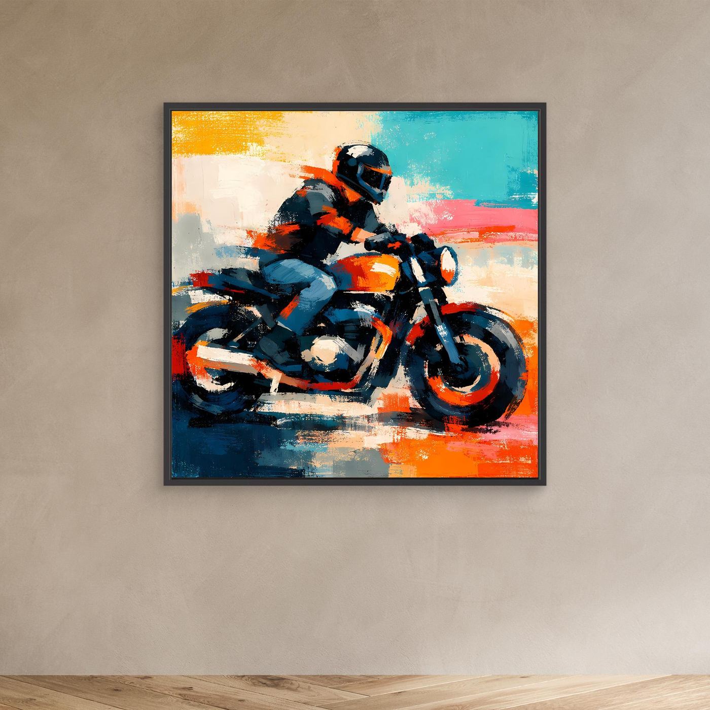 Abstract motorcycle wall art with rider, blue and orange paint strokes, in a black frame