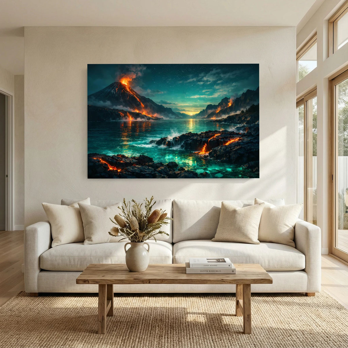 Querformatiges Wandbild mit Vulkanlandschaft am Meer, glühende Lava und leuchtender Horizont