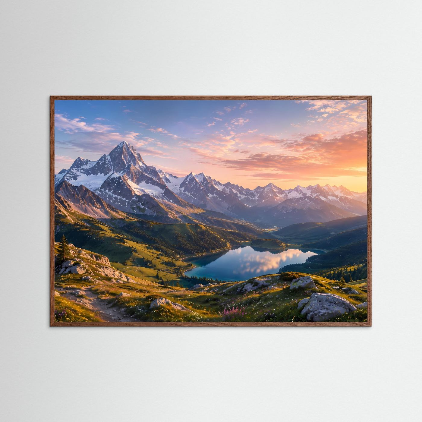 Bergsee-Landschaftsfoto mit Alpenpanorama bei Sonnenuntergang, dunkler Eichenrahmen