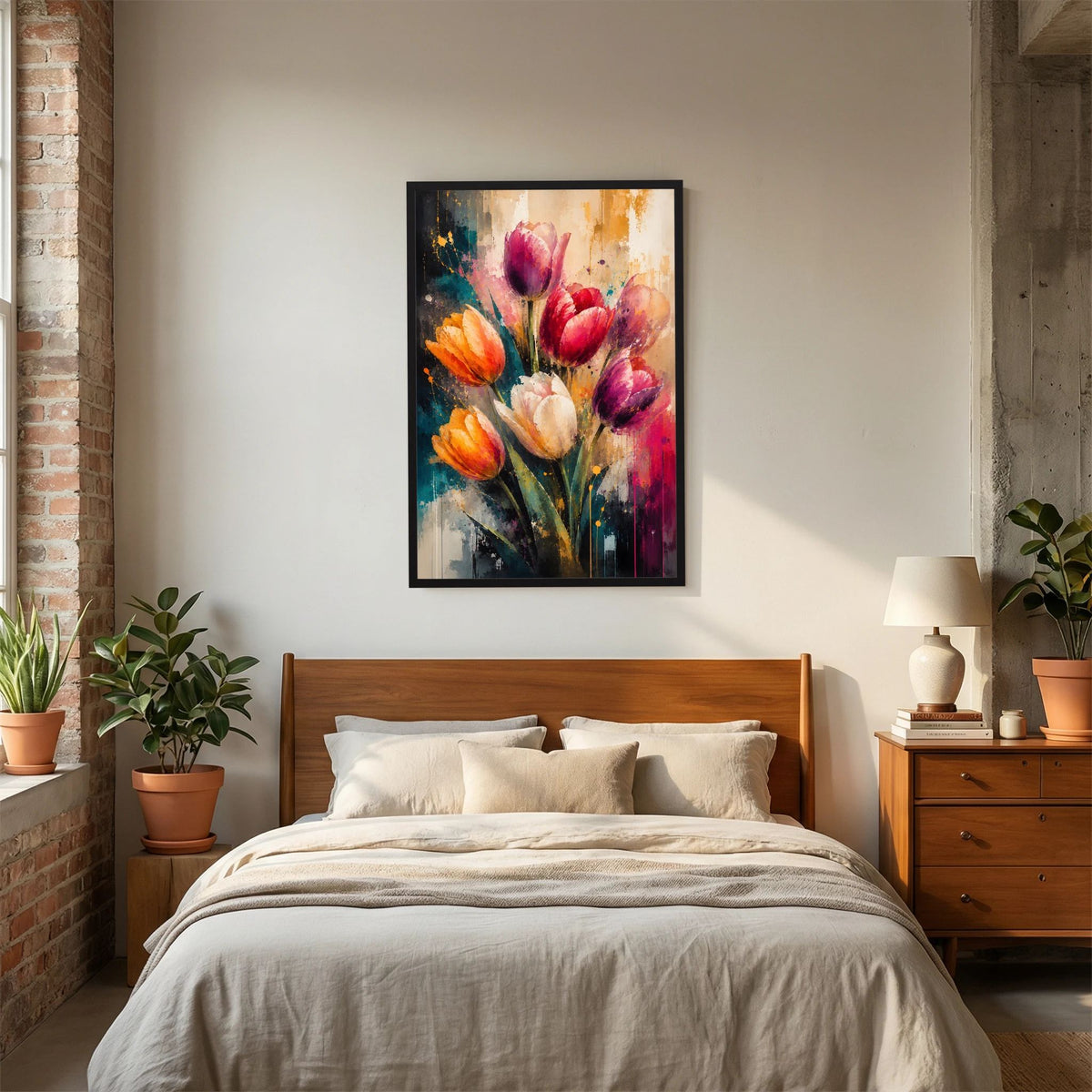 Hochformatiges Kunstposter mit abstrakten Tulpen in Pink, Orange und Violett, schwarzer Rahmen