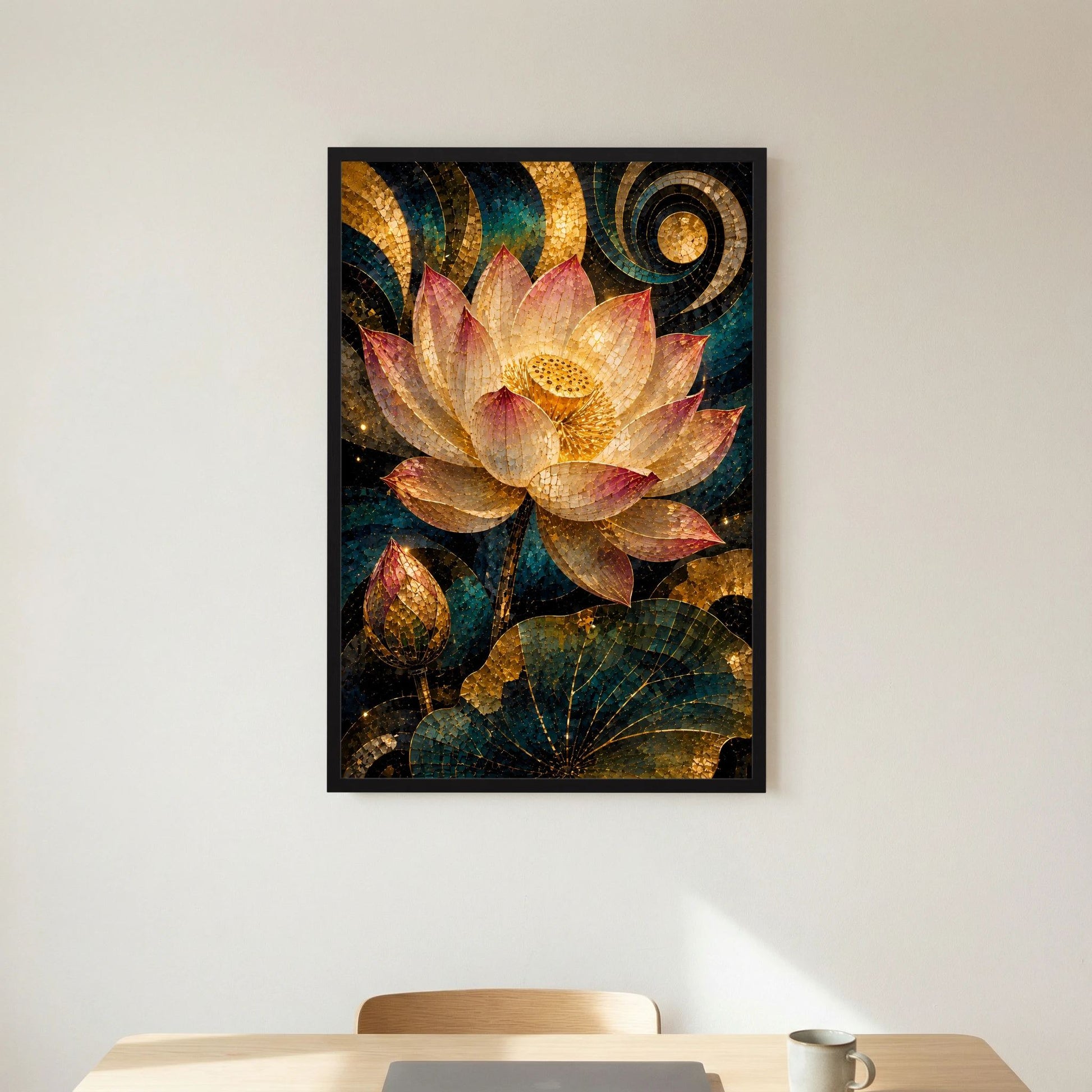 Poster mit Lotusblüte-Mosaik: goldene Blüten mit Petrol- und Rosatönen, schwarzer Rahmen