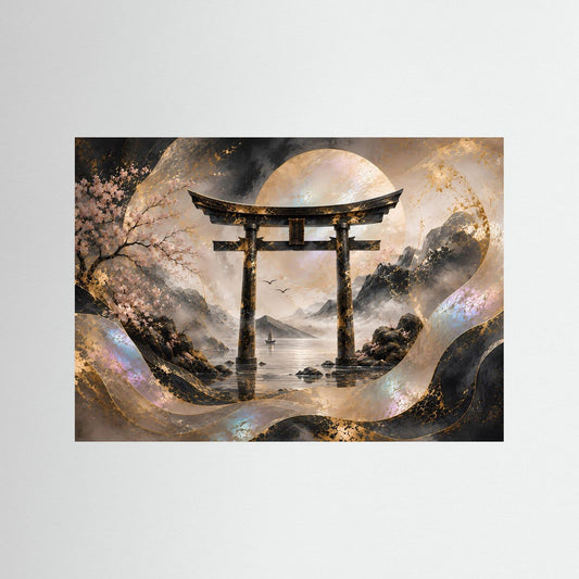 Poster mit japanischem Torii und Mond über Wasser, brauner Holzrahmen, Querformat.