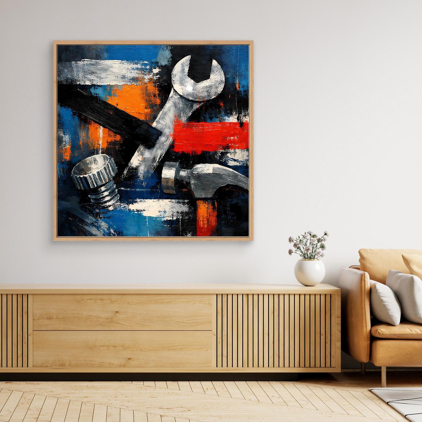 Square abstract tool wall canvas with wrench and hammer, blue, orange, and red splashes, wood frame