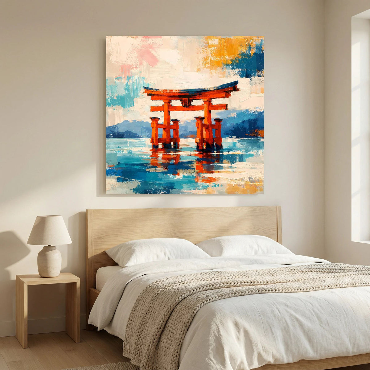 Abstraktes Wandbild: orange Torii-Tore auf spiegelndem blauem Wasser, strukturiert gemalt