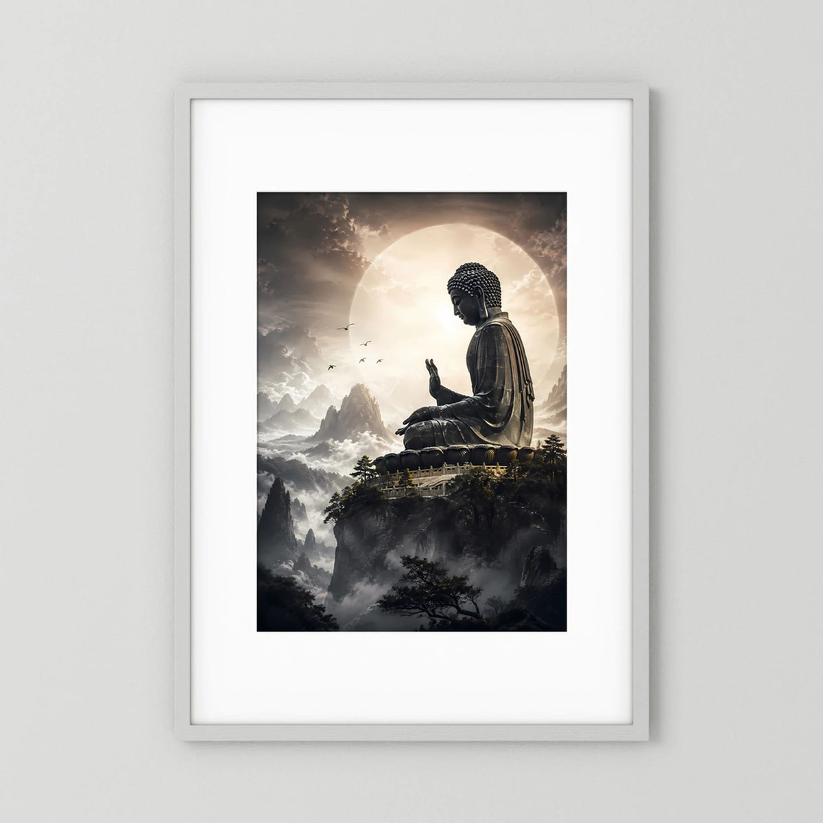 Hochformat-Poster mit sitzendem Buddha und großer Lichthalo über nebligen Bergen