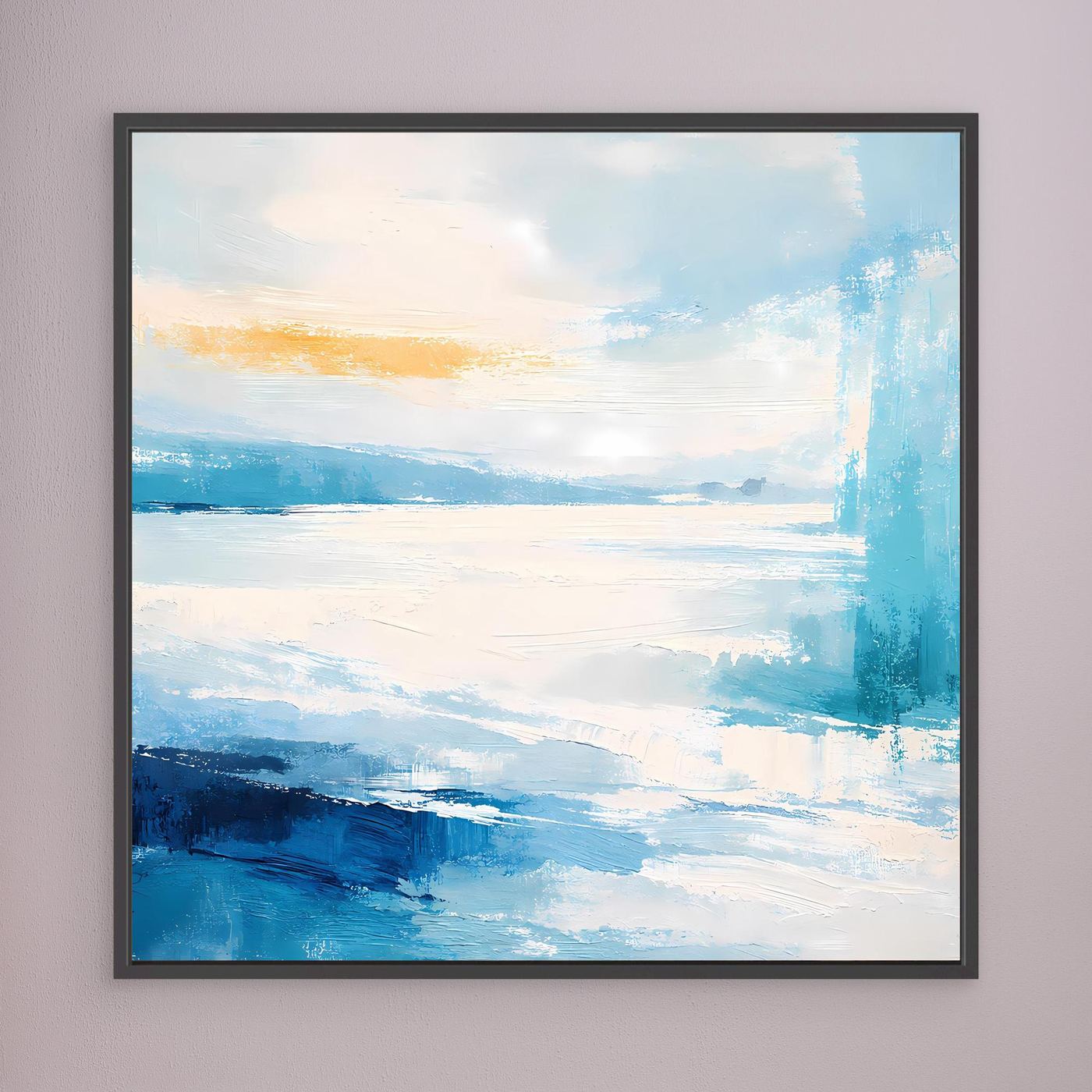 Leinwandbild mit maritimer Abstraktion, blaue Küstenlandschaft, schwarzer Rahmen