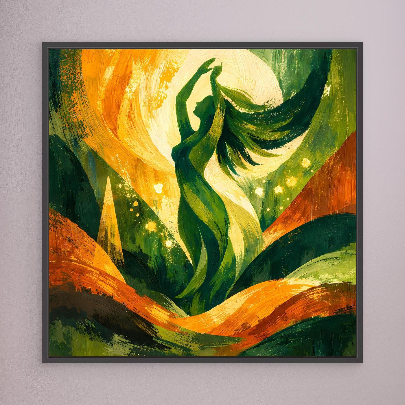 Leinwand-Wandbild mit grüner Göttinnenfigur und orangefarbenen Bögen, schwarz gerahmt