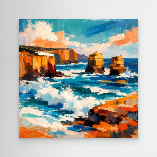 Küsten-Leinwandbild mit abstraktem Meer, türkisblauem Wasser und orangefarbenem Ufer