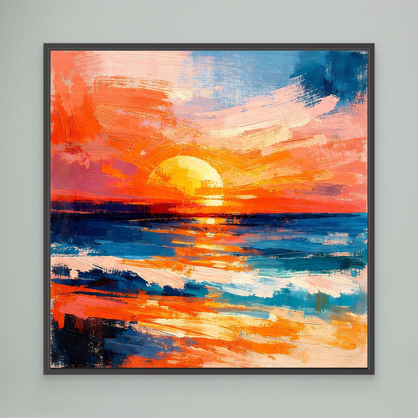 Abstract sunset sea wall art with rising yellow sun in a black frame