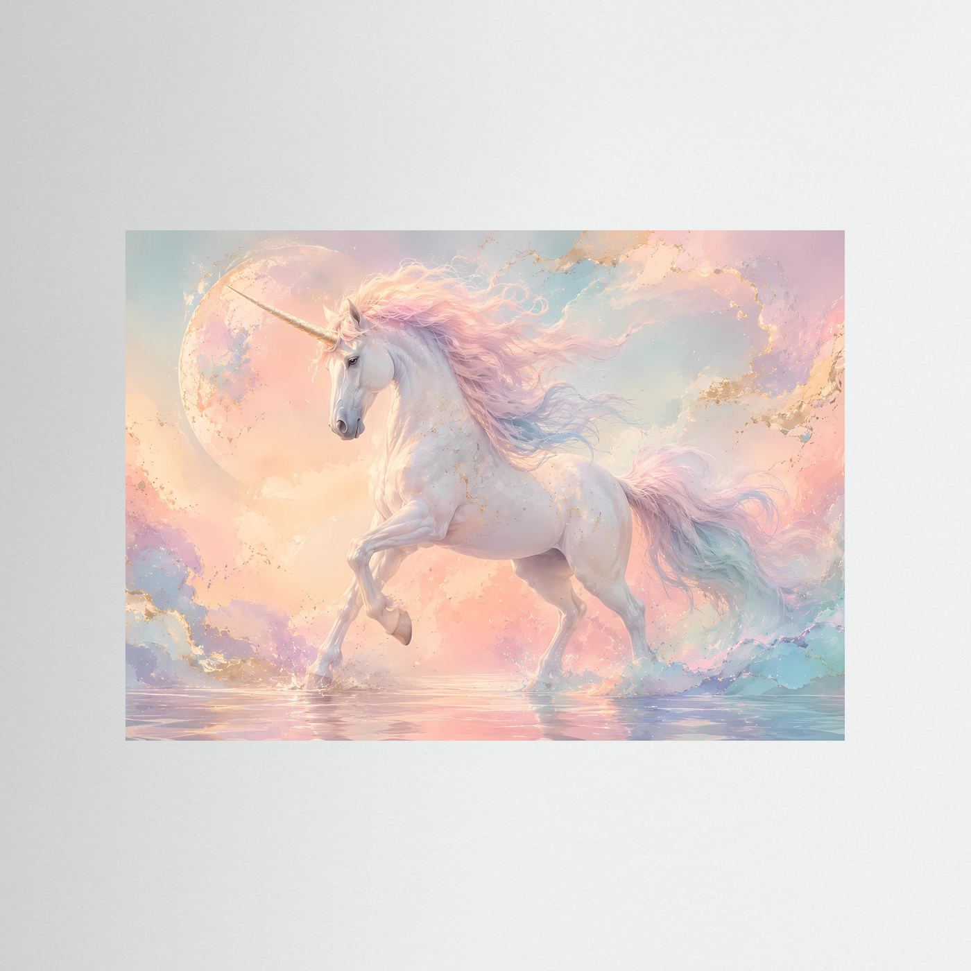 Magisches Einhorn Poster Querformat | Fantasie Wandbild Pastell Himmel & Mond | Mystische Fantasy Kunst