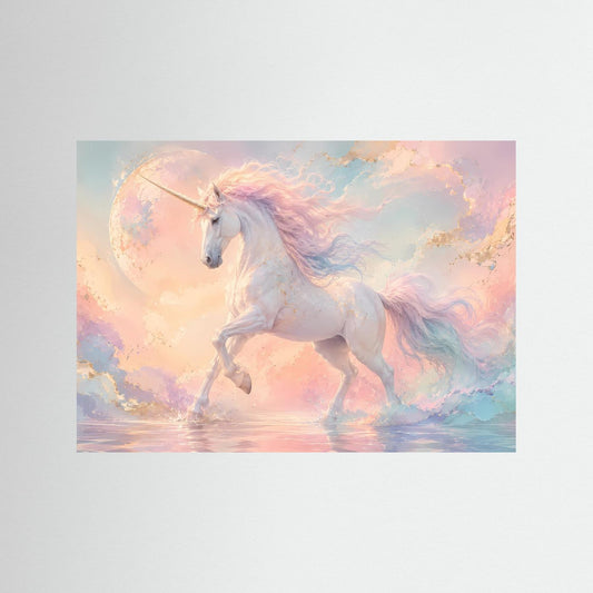 Querformatiges Einhorn-Poster mit schimmernder Mähne, Mond im Pastellhimmel