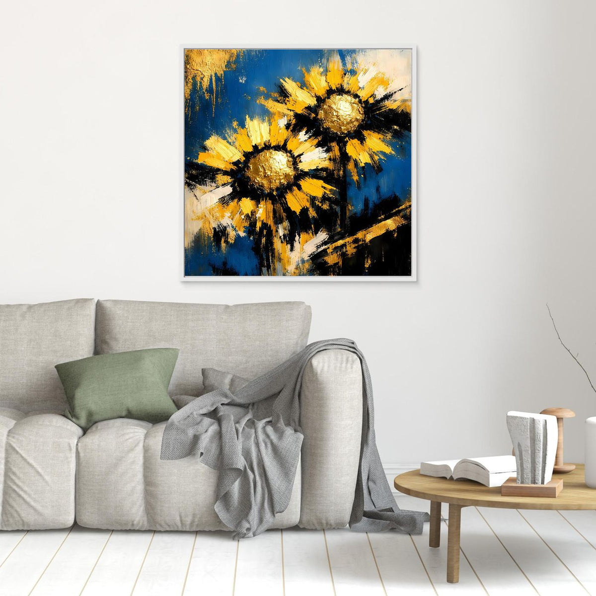 Kleines Wandbild: abstrakte Sonnenblumen in Blau, Gelb und Gold, silberner Rahmen