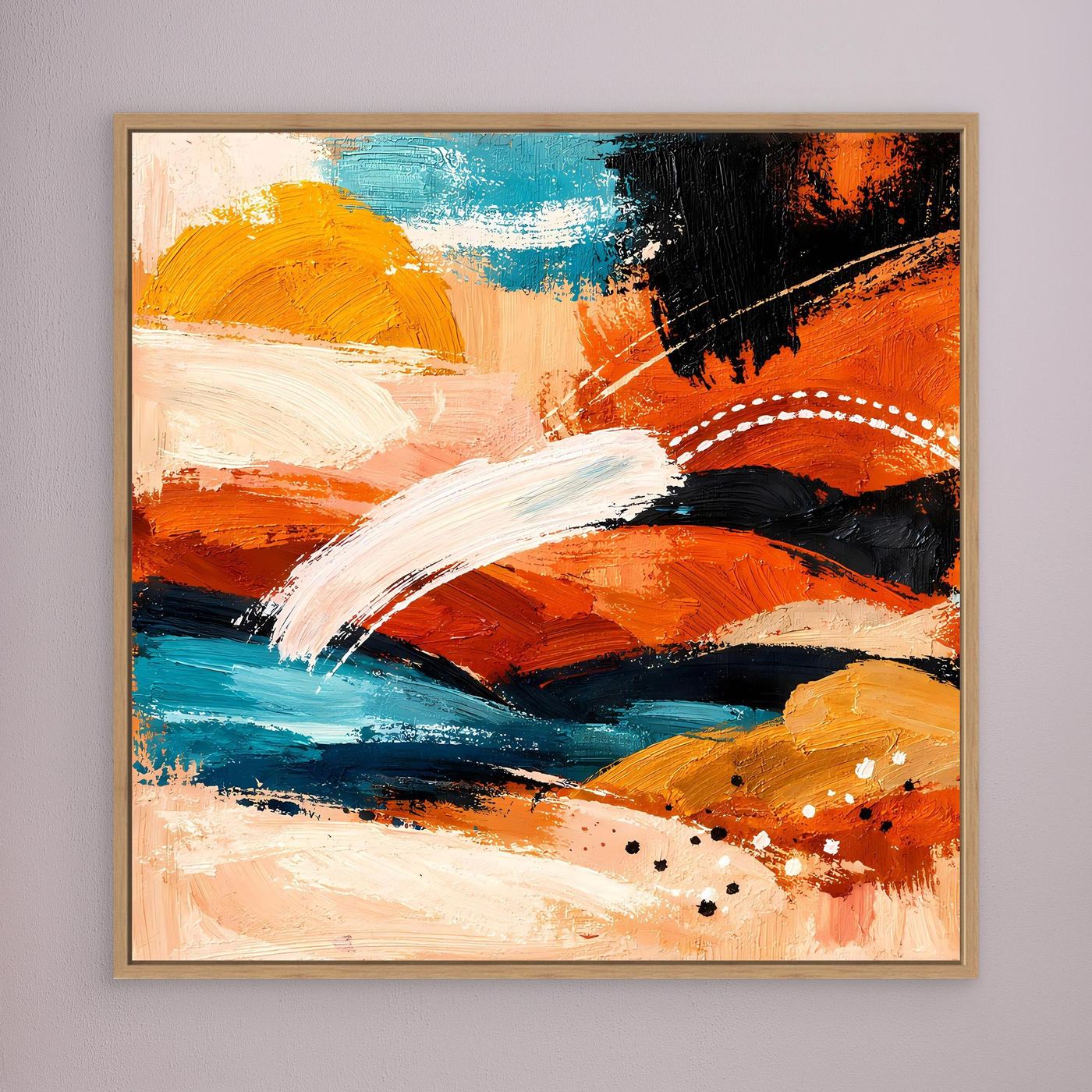Abstract landscape wall art with teal and orange brushstrokes in a light wood frame