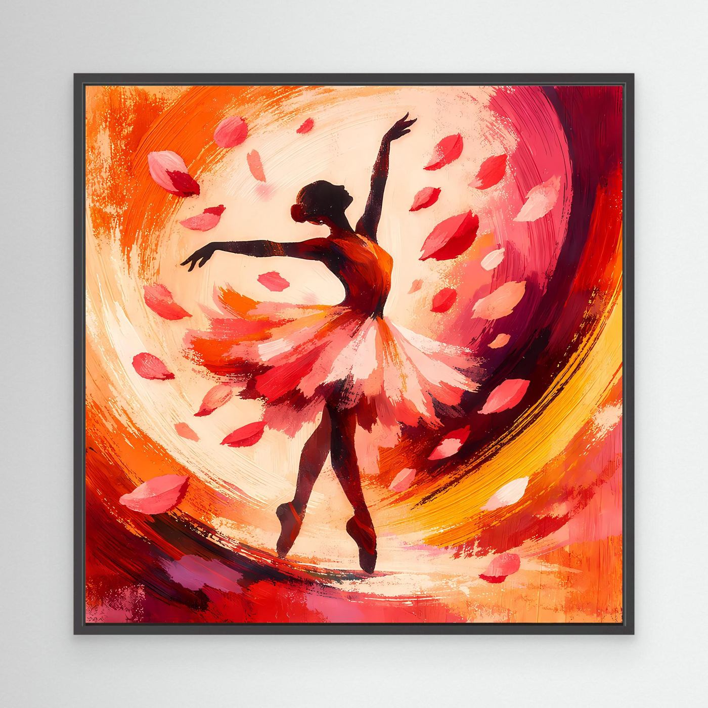 Leinwandbild mit Ballerina im Blütenregen, orange-roter Farbverlauf, schwarzer Rahmen