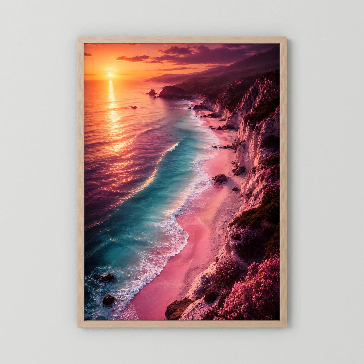 Hochformat-Poster Sonnenuntergangsküste mit Meer und Strand, Eichenrahmen