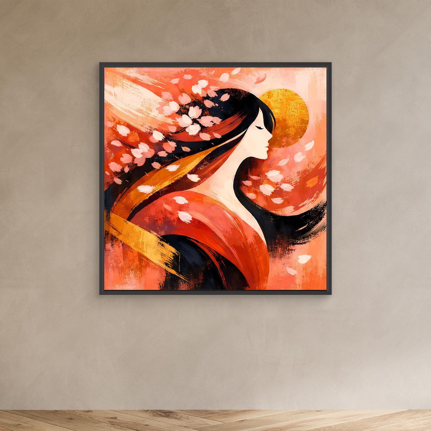 Leinwandbild mit schwarzem Rahmen: Geisha-Profil, Kirschblüten und goldene Sonne, rot-orange Abstraktion