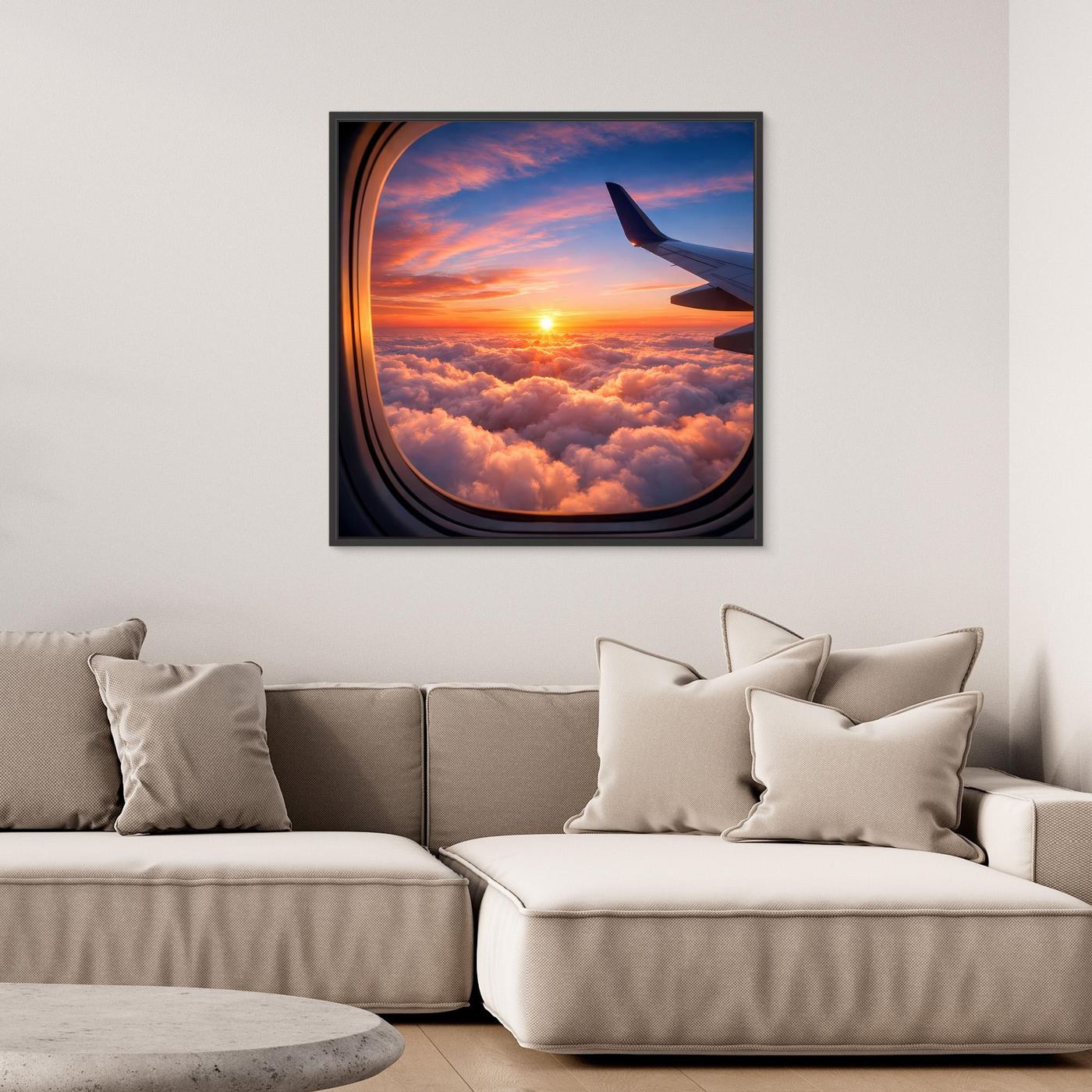Leinwandbild mit Flugzeugfenster, Sonnenuntergang über Wolken, dunkler Rahmen