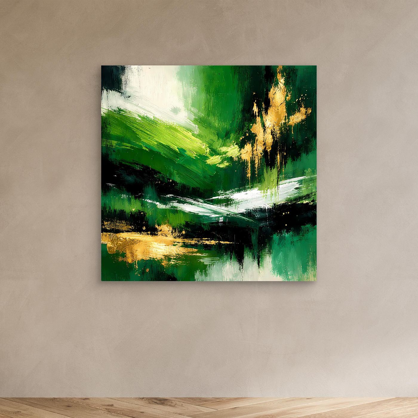 Leinwand Abstraktes Landschaftsgemälde in Smaragdgrün und Gold | Modernes Natur Wandbild