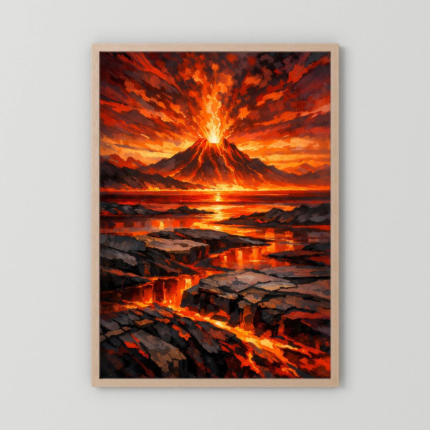 Hochformat-Poster mit hellem Holzrahmen: Vulkan mit glühender Lava und leuchtender Eruption