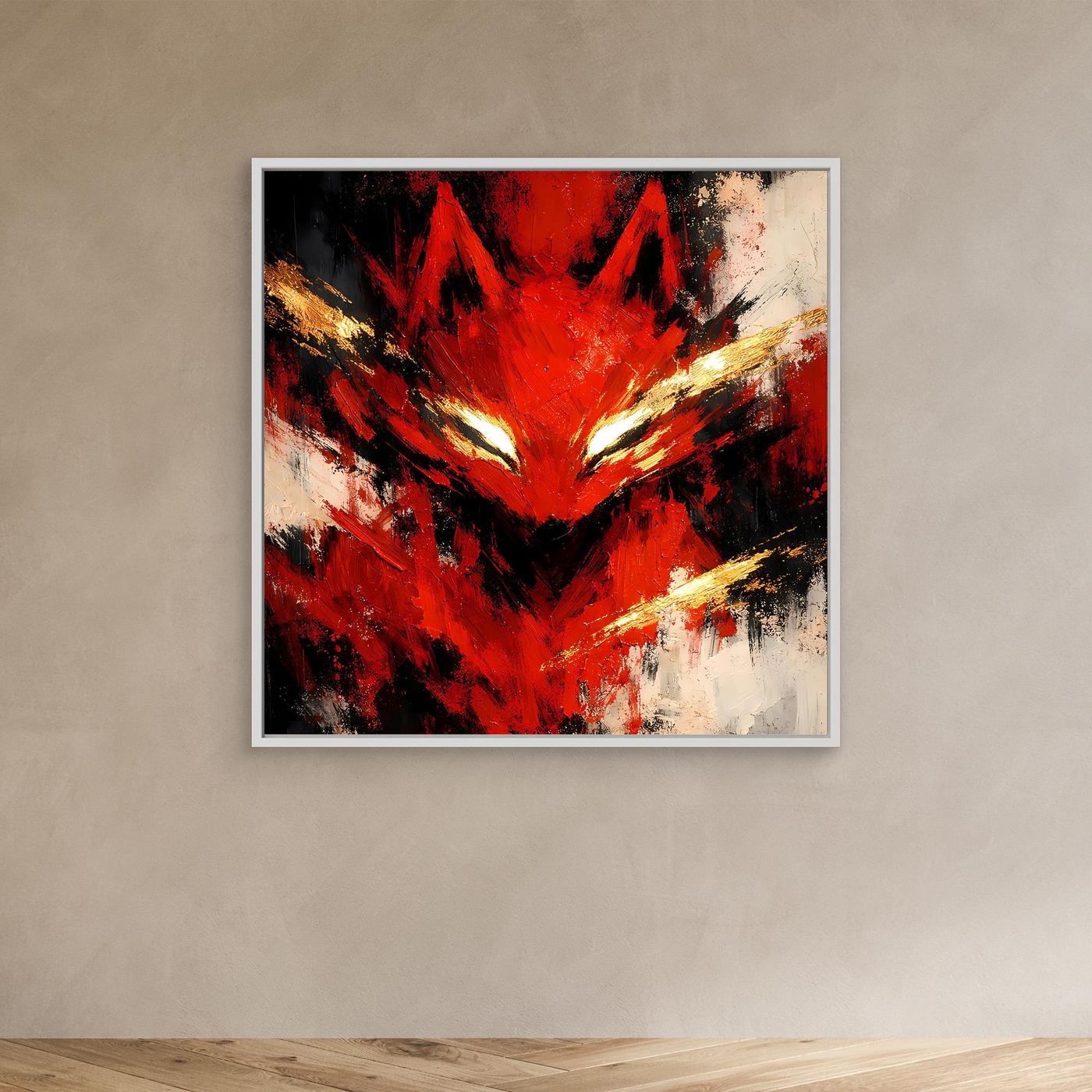 Leinwand Mystischer Kitsune Fuchs in Rot | Abstraktes Japanisches Mythologie Wandbild