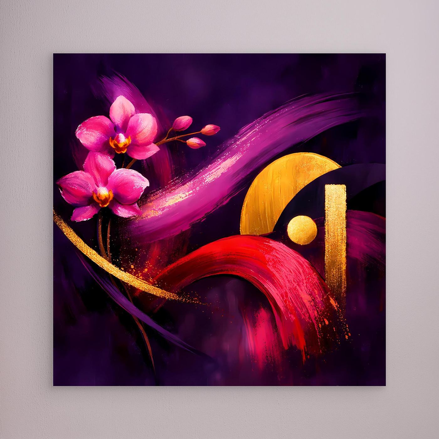 Leinwandbild mit rosa Orchideen und Goldakzenten in dunkellila, ohne sichtbaren Rahmen