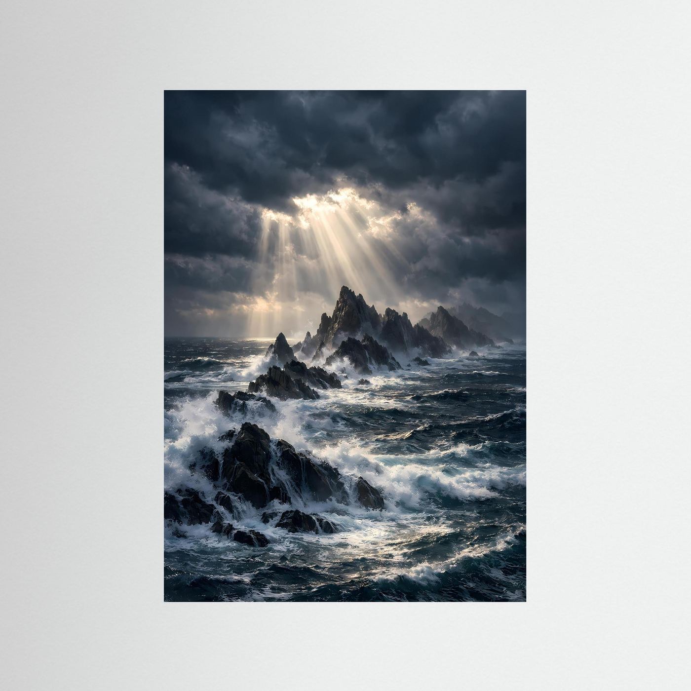 Hochformat-Ozeanposter mit dunklen Klippen, aufbrechendem Licht und tobender See