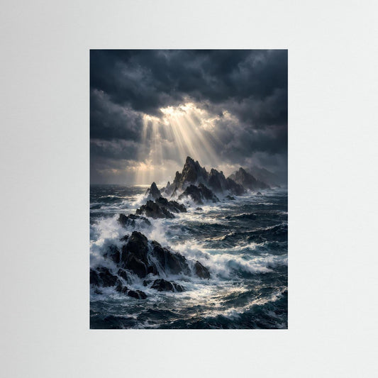 Hochformat-Ozeanposter mit dunklen Klippen, aufbrechendem Licht und tobender See