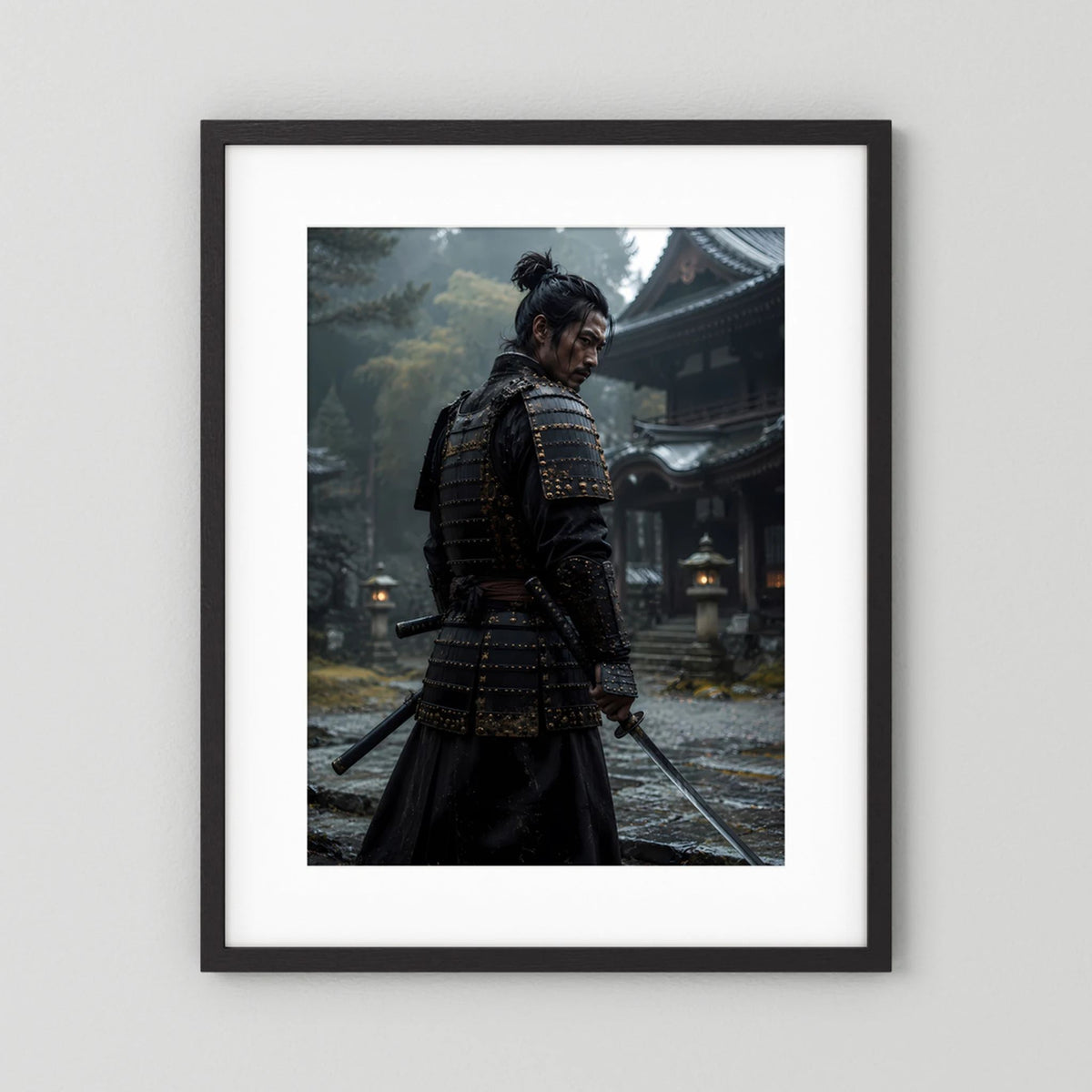 Poster mit Samurai in schwarzer Rüstung im Tempel, schwarzer Bilderrahmen