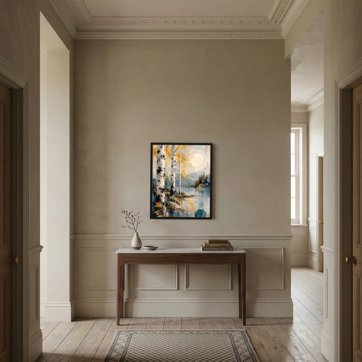 Wandposter im Hochformat mit schwarzem Rahmen: Birkenwald am See, abstrakte Gold- und Blaudetails