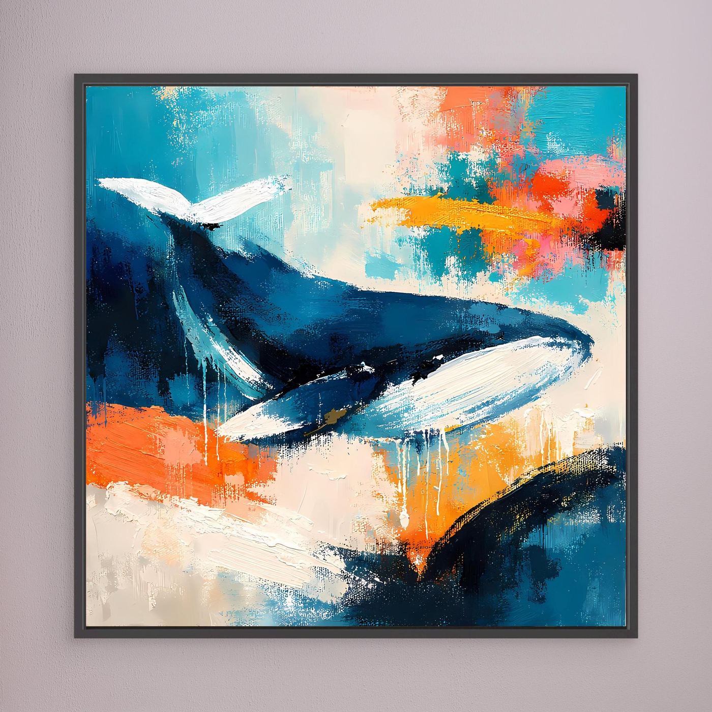Leinwand-Wandbild: abstrakter Wal in Blau und Orange, schwarzer Rahmen
