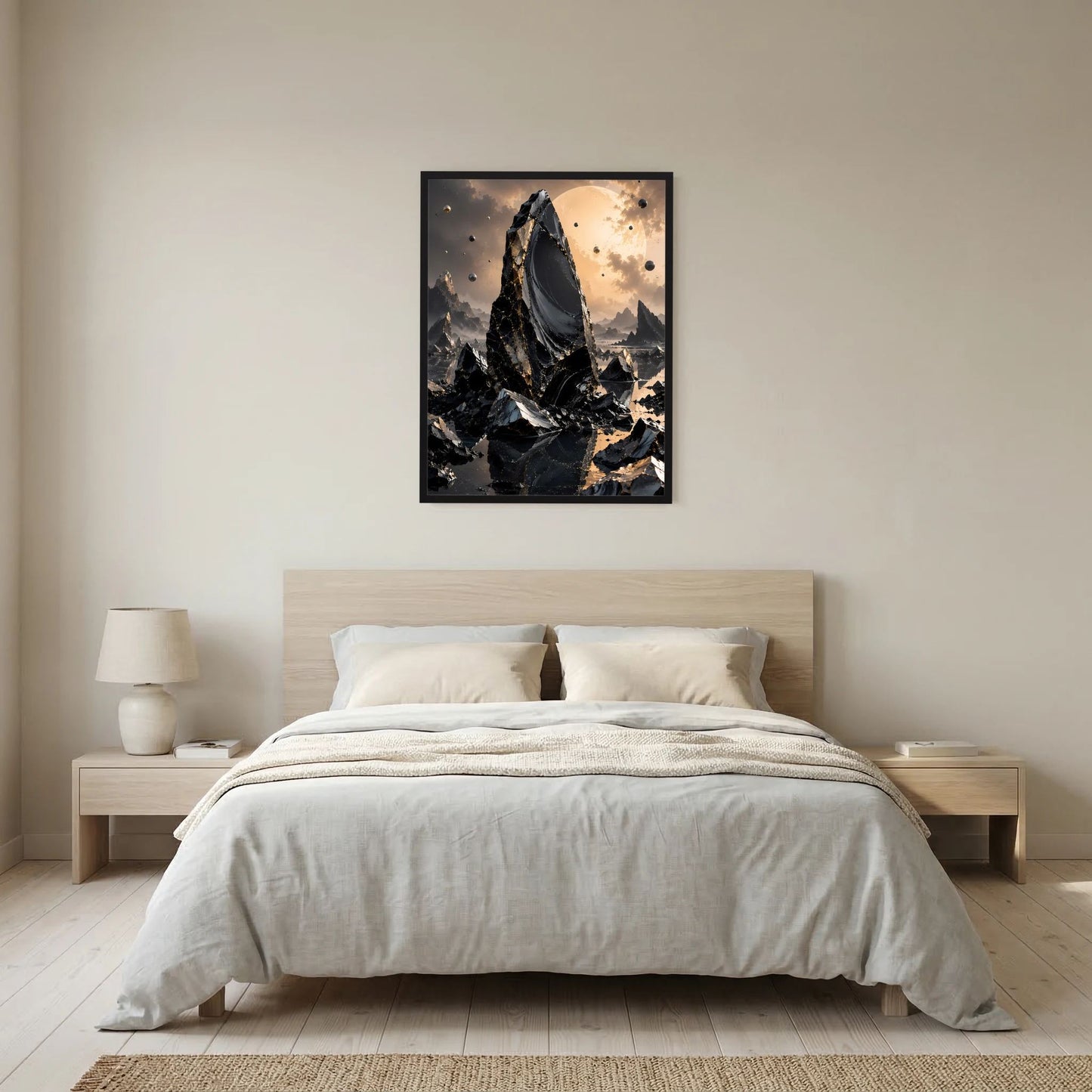 Poster mit schwarzem Rahmen: schwarzer Felsmonolith und goldener Himmel
