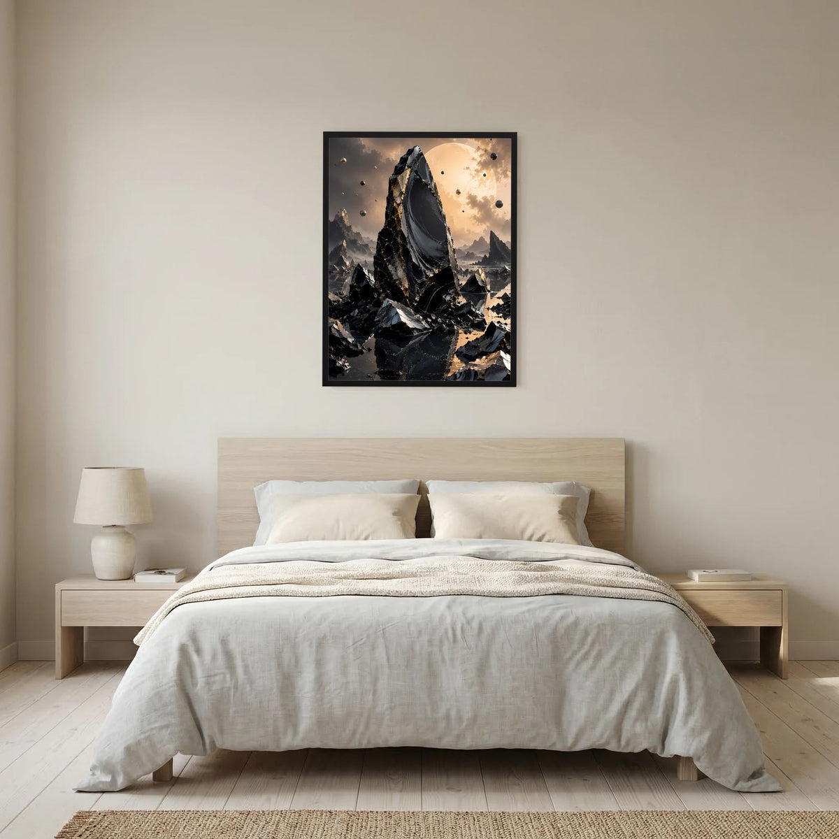 Poster mit schwarzem Rahmen: schwarzer Felsmonolith und goldener Himmel