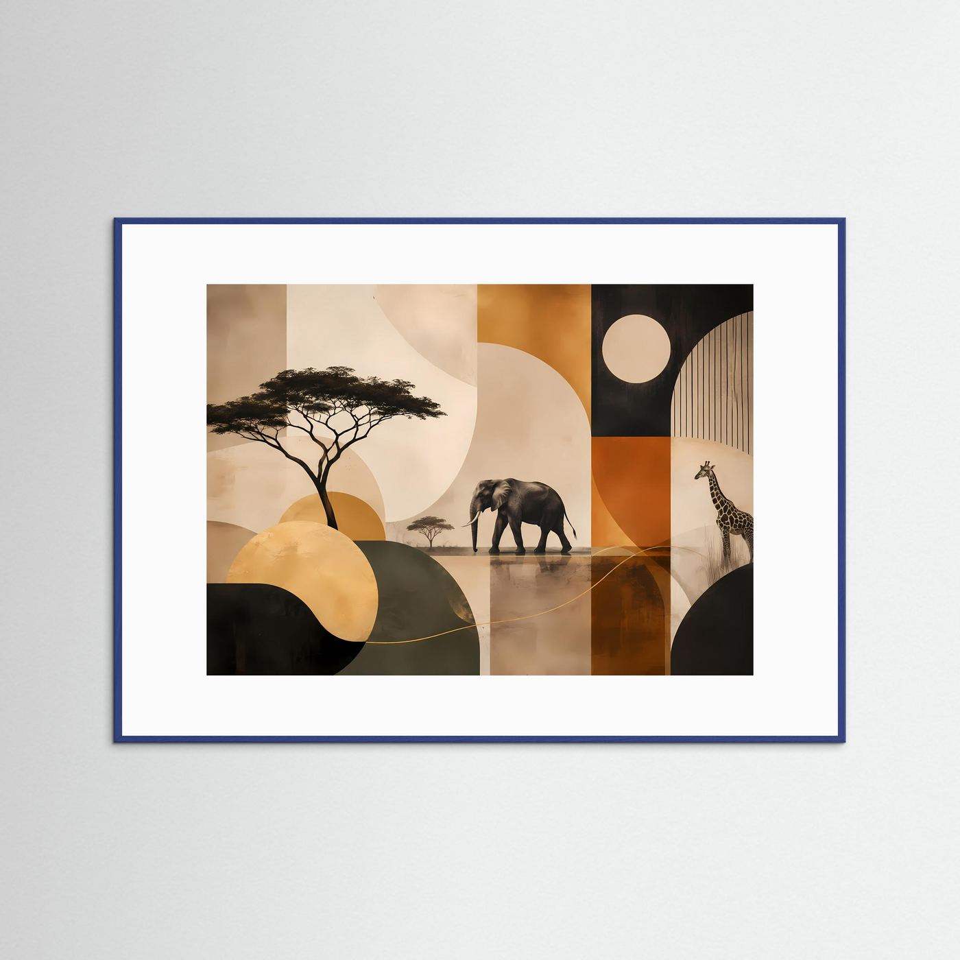 Poster Querformat mit Elefant- und Giraffensilhouetten, abstrakte Afrikaformen, blauer Rahmen