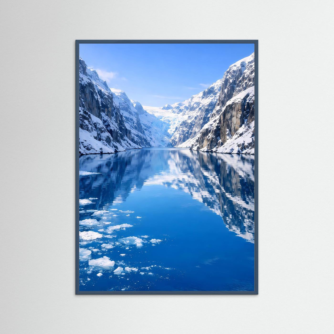 Fjord-Poster mit Gletschereis und blauem See, schwarzer Rahmen