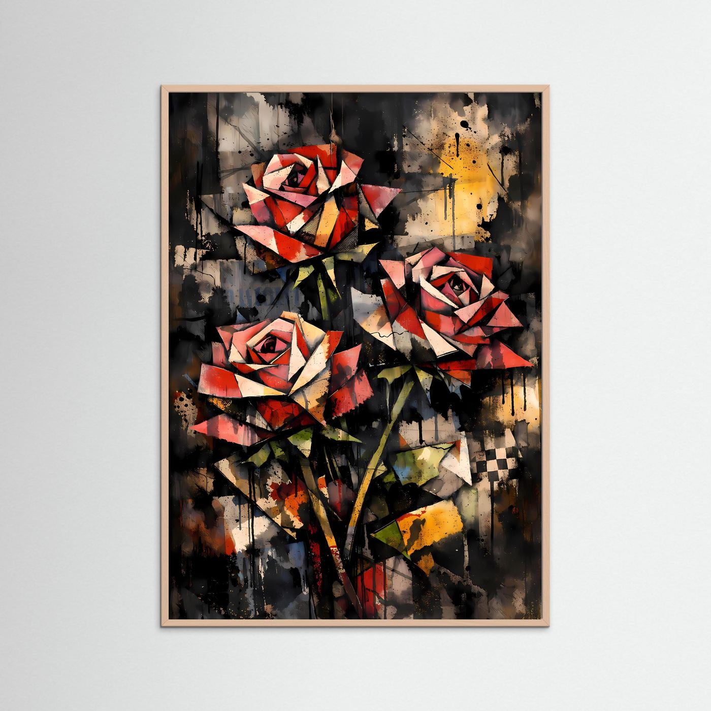 Geometrische Eleganz | Rote Rosen Poster im kubistischen & abstrakten Kunststil | Kunstposter Hochformat