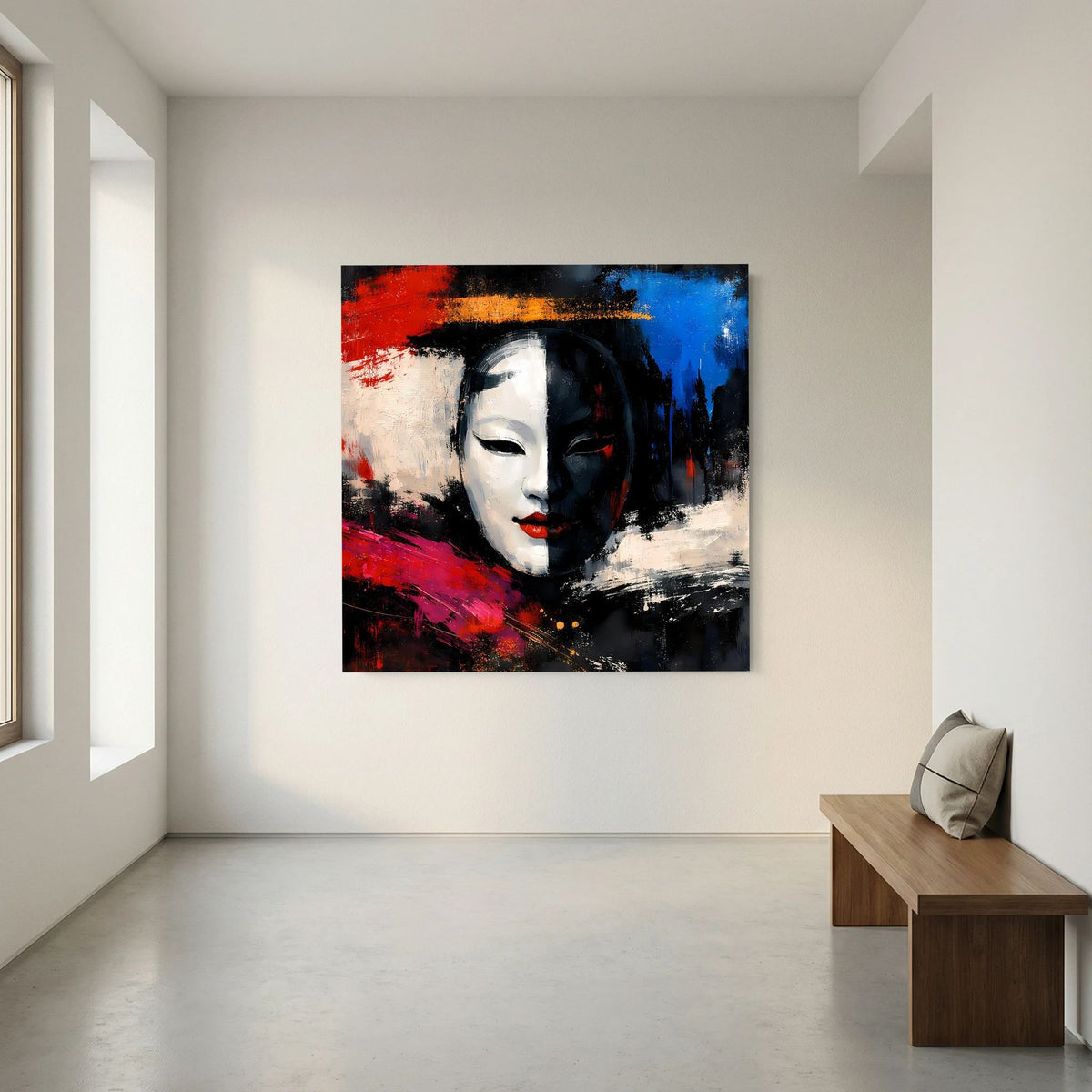 Leinwand-Wandbild mit Geisha-Gesicht als Maske, Pop-Art-Farben in Rot, Blau und Schwarz
