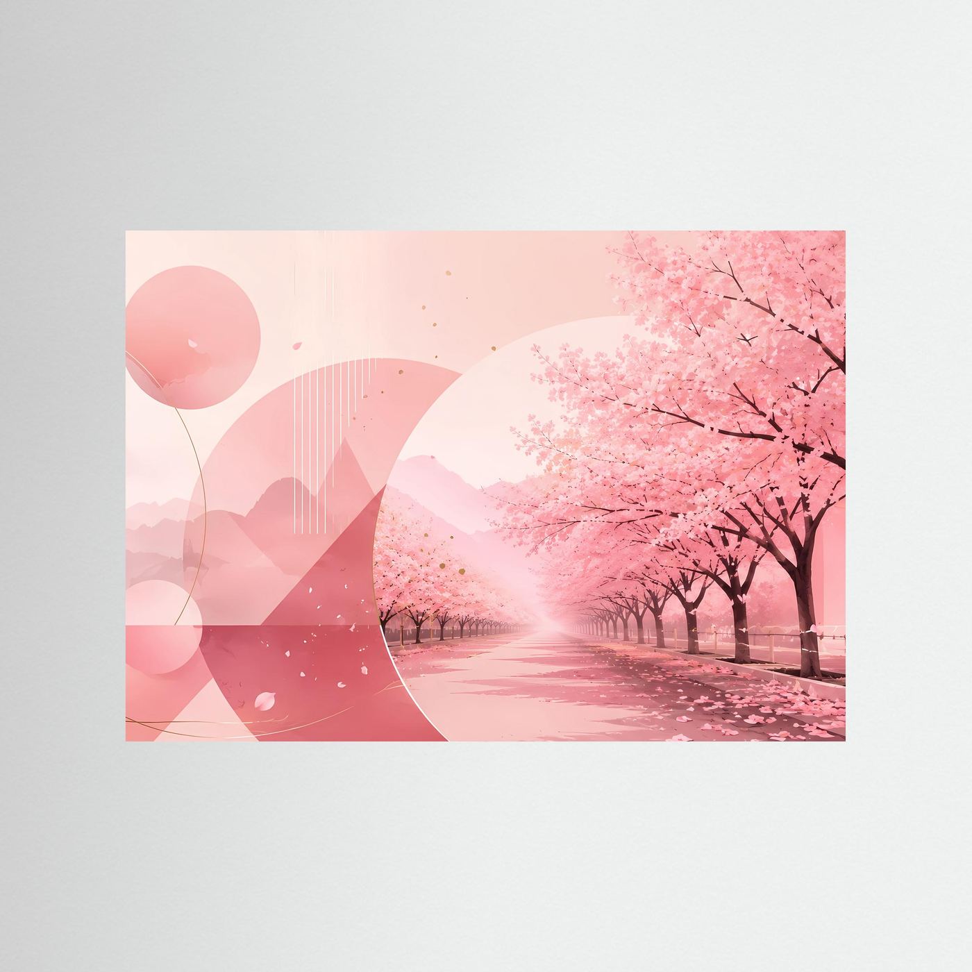 Poster im Querformat mit pinker Kirschblütenallee und geschwungenem Bergmotiv