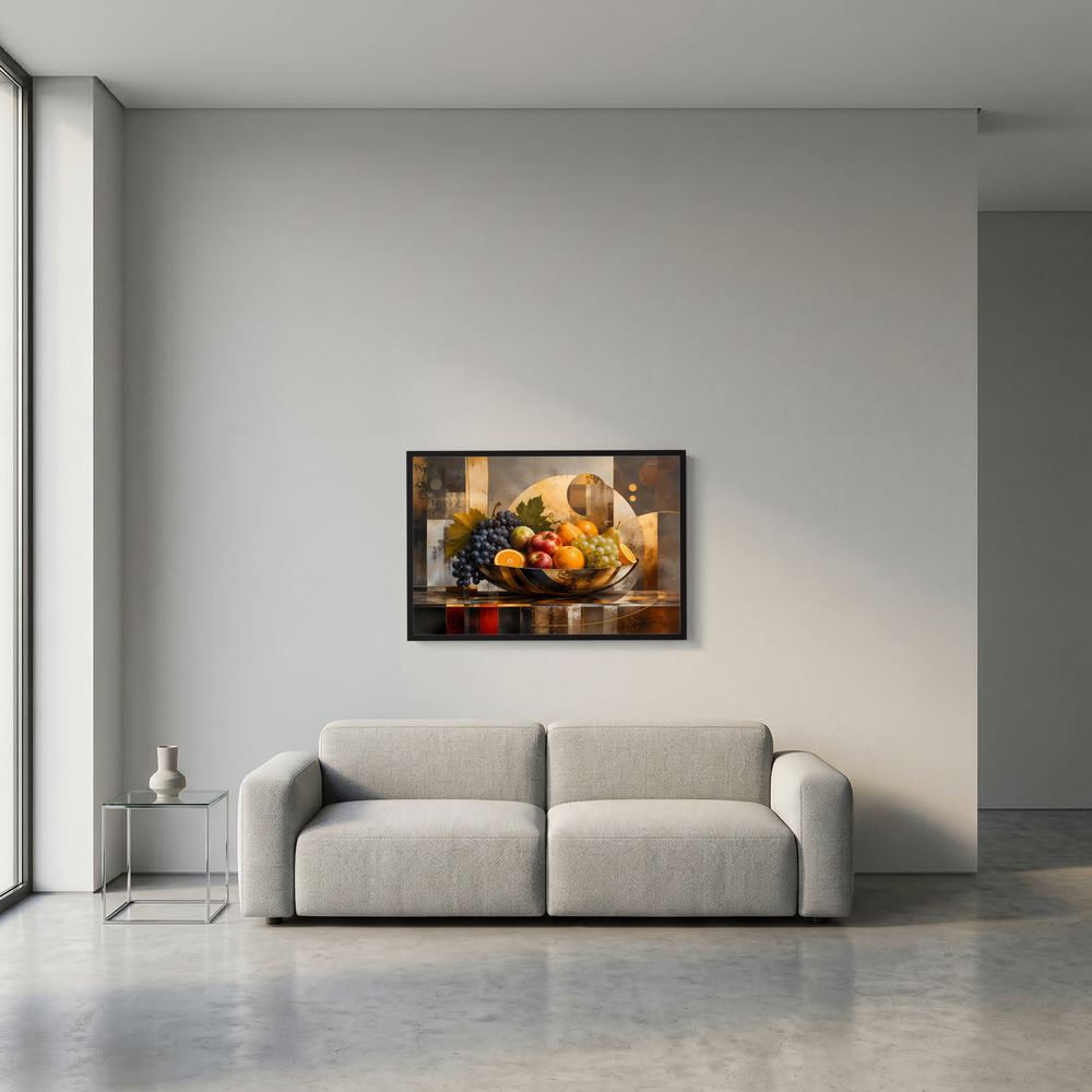 Wandposter mit Fruchtschale und Trauben im dunklen Rahmen