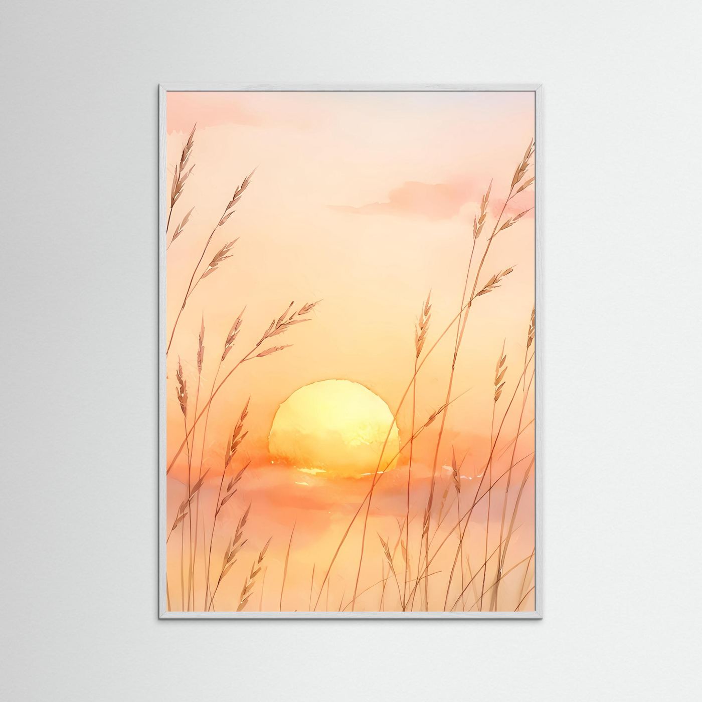 Wandbild mit Sonnenuntergang über Gräsern, grau gerahmt