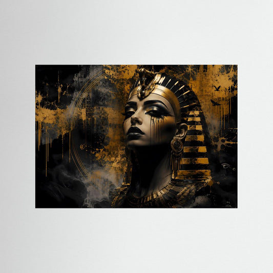 Wandbild: ägyptische Königin in Schwarz & Gold, schwarze Rahmenkante