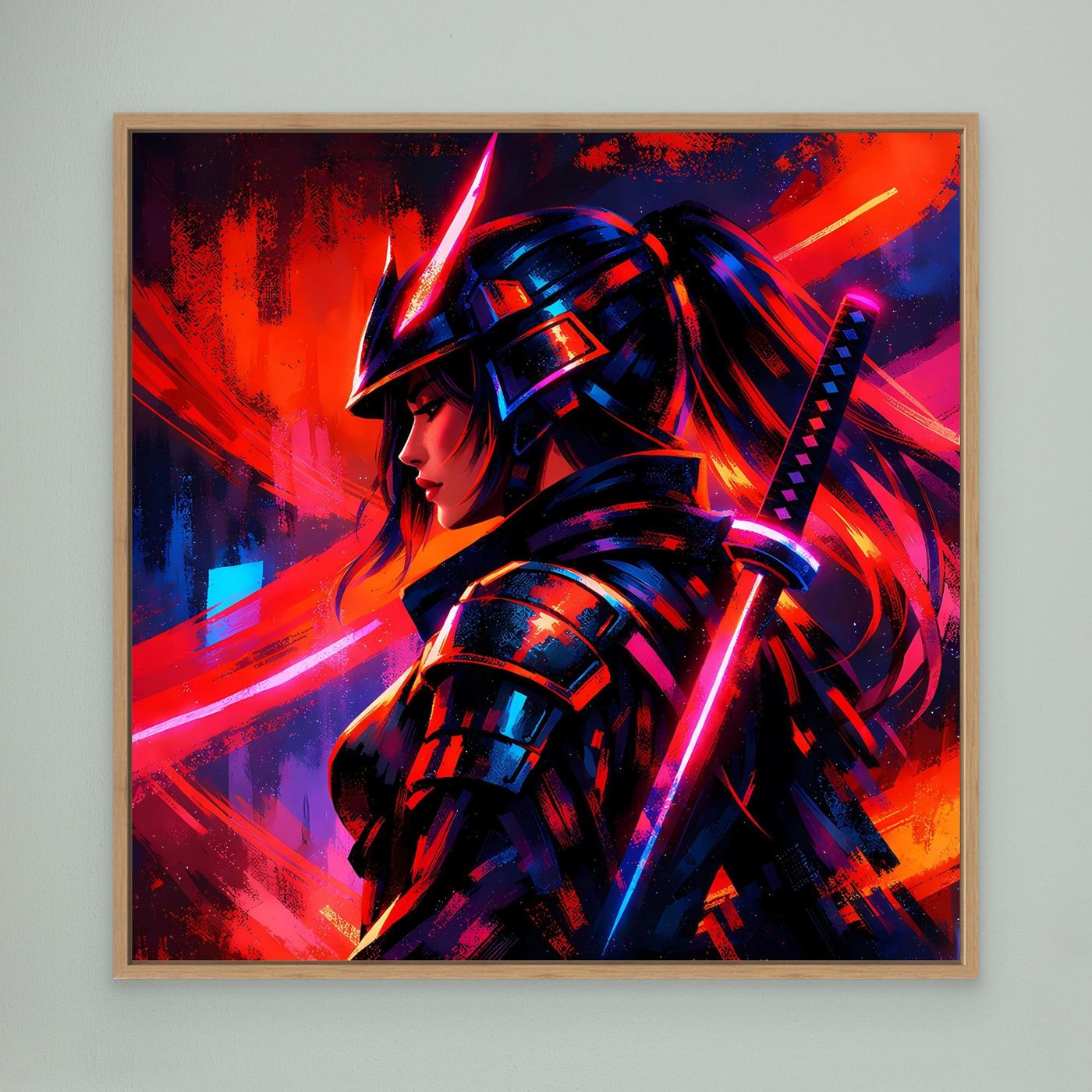 Neon-Leinwandbild Samurai-Kriegerin, abstrakte Grafik, heller Holzrahmen