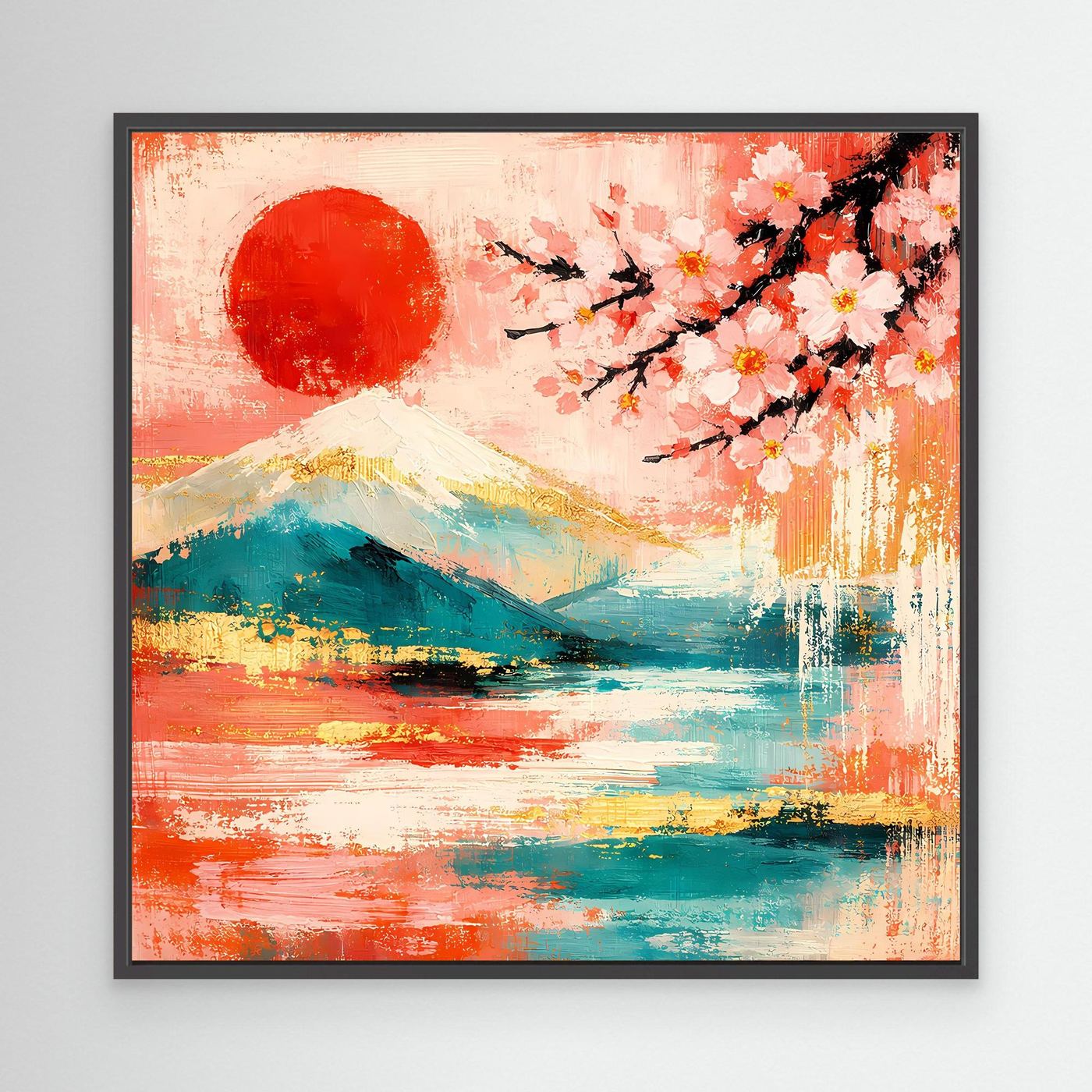 Abstraktes Leinwandbild mit Fuji, Kirschblüten und roter Sonne im schwarzen Rahmen