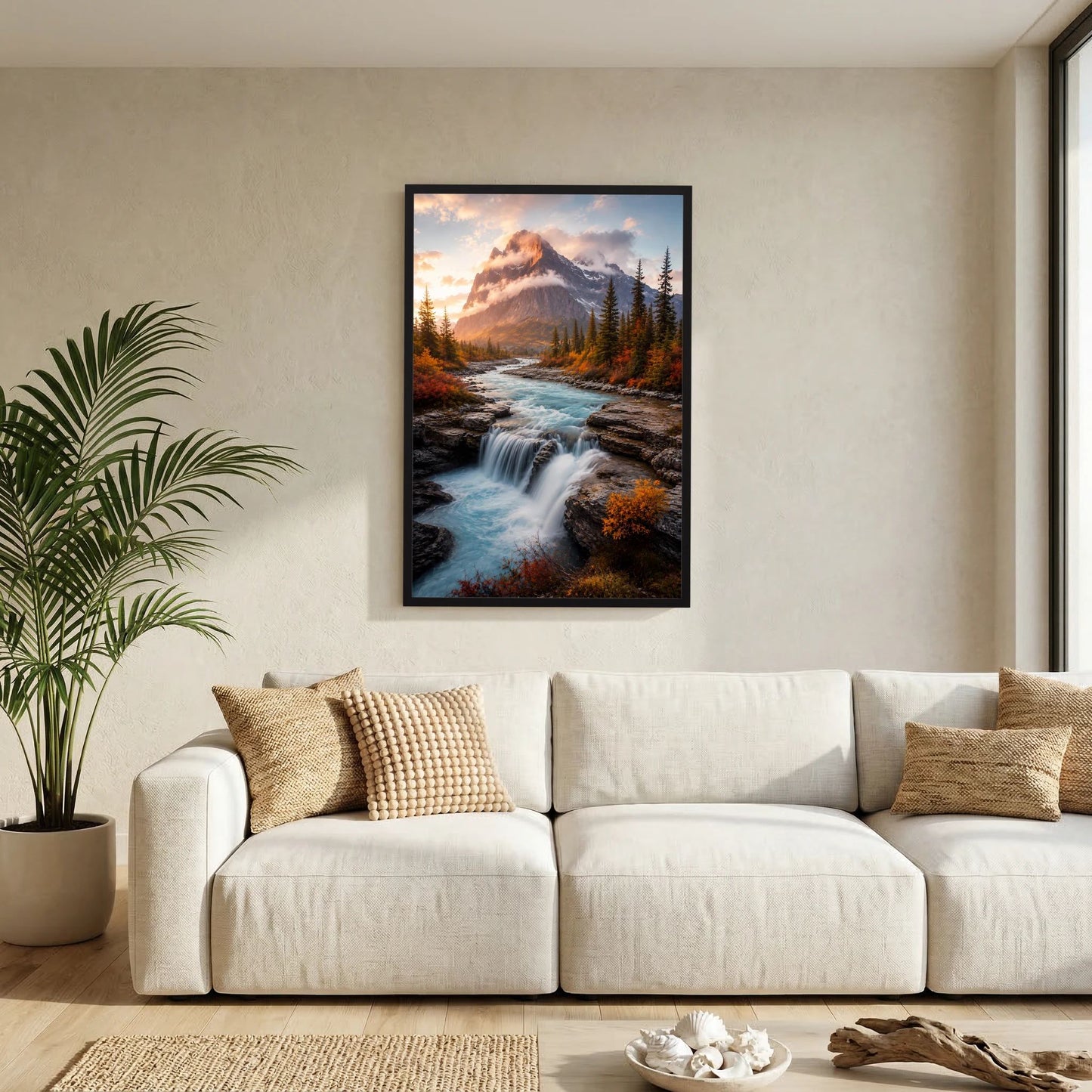 Hochformat-Poster im schwarzen Rahmen mit Wasserfall, Fluss und Berggipfel im Herbst
